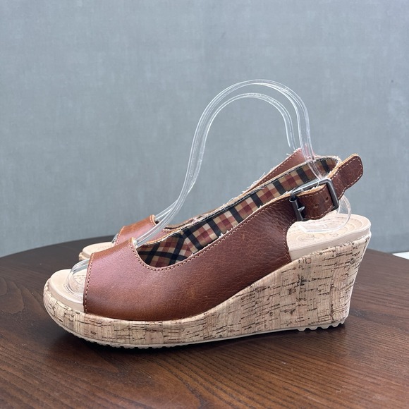CROCS Shoes - Crocs A Leigh Sandals Women's Size 8 Tan Brown Leather Cork Platform Wedge Shoes